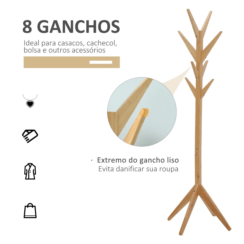 HOMCOM Cabide de Pé de Bambu com 8 Ganchos para Pendurar Roupas Bolsas Chapéus para Entrada Corredor Dormitório 60x60x178cm Natural