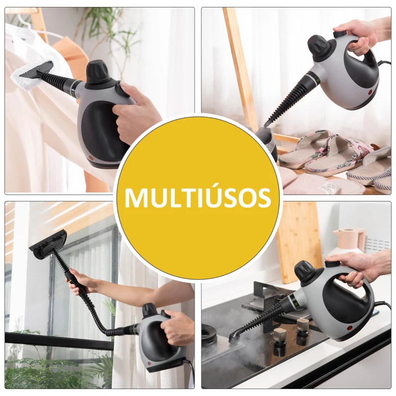 HOMCOM Limpador a Vapor Portátil 1050W Vapor de Limpeza de Pressão com Tanque de 350ml e 9 Acessórios Multiuso para Sofá Assento Carro Cozinha 30x15x21cm Preto e Cinza