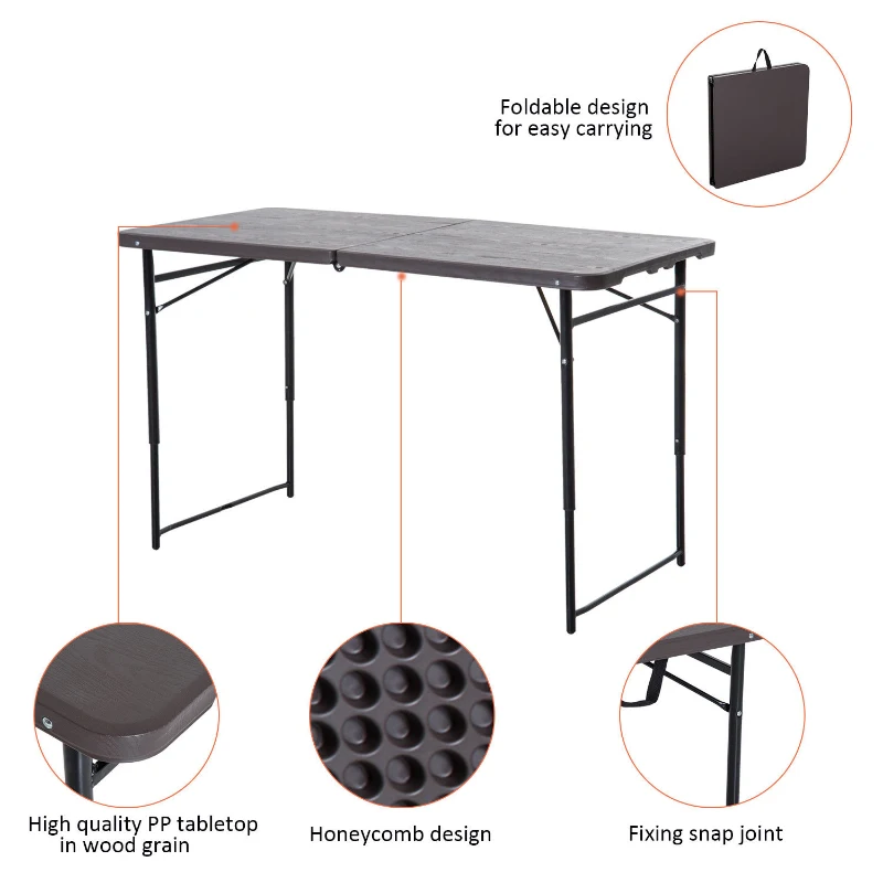 Outsunny 4ft Height Adjustable Folding Picnic Trestle Table for Outdoor Events Garden Camping BBQ Party – Brown (122 x 61cm)