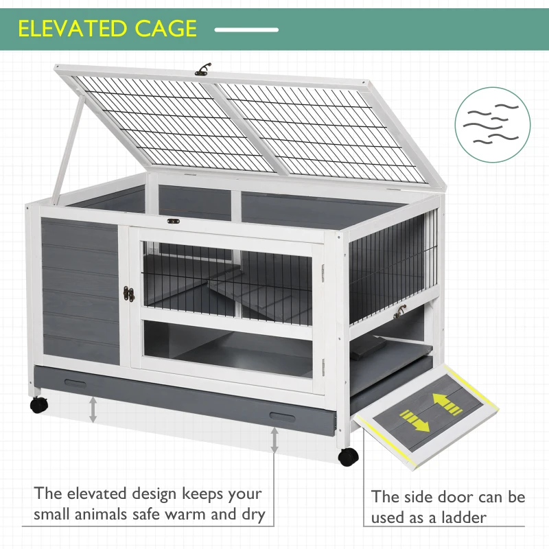 PawHut Indoor Rabbit Hutch Guinea Pig House Wooden Elevated Pet Bunny Cage with Wheels Openable Roof 102 x 60 x 63.5cm Grey