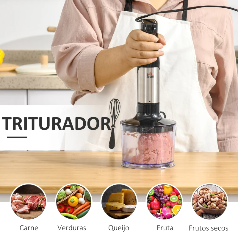 HOMCOM Varinha Mágica 1000W 4 em 1 com Velocidades Ajustáveis 2 Lâminas de Aço Inoxidável Picador 500ml Copo Medidor 800ml e Batedeira 10x6,5x41cm Preto