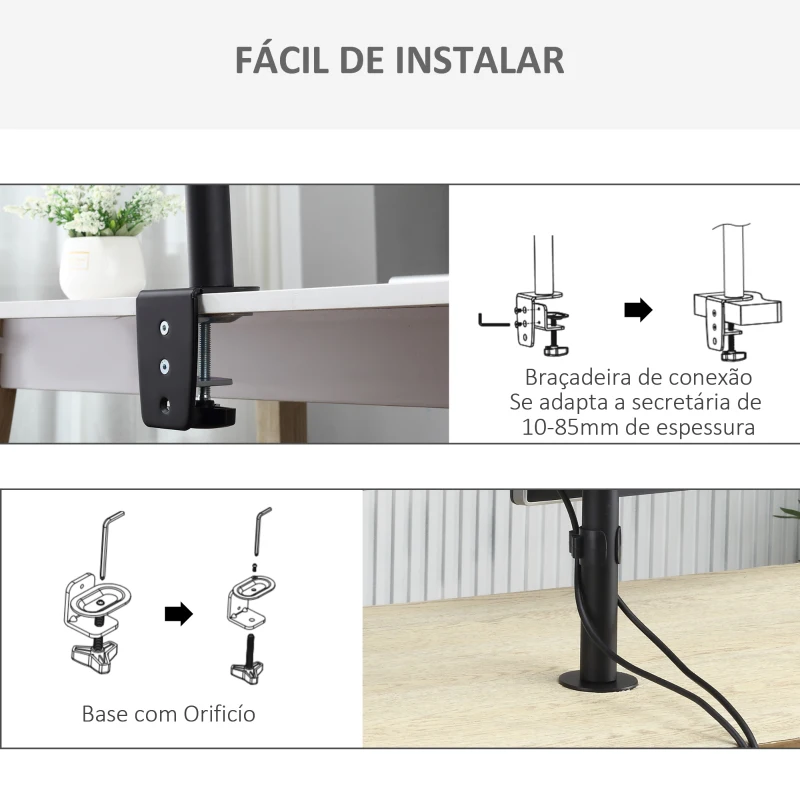 Vinsetto Suporte para Monitor Duplo para Telas LED LCD de 13"-32" Polegadas VESA 75/100mm com Braçadeira Ajustável Giratório 360° e 2 Opções de Montagem 87x12x50cm Preto