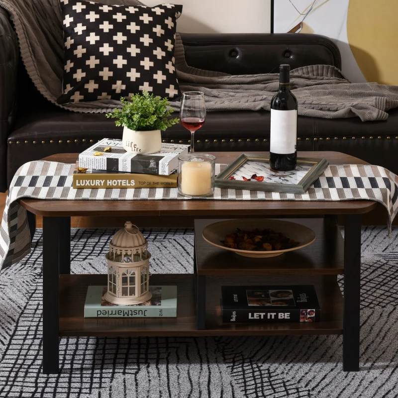 HOMCOM Industrial Coffee Table, Rectangular Sofa Table with Storage Shelves for Living Room, Bedroom, Office, Brown