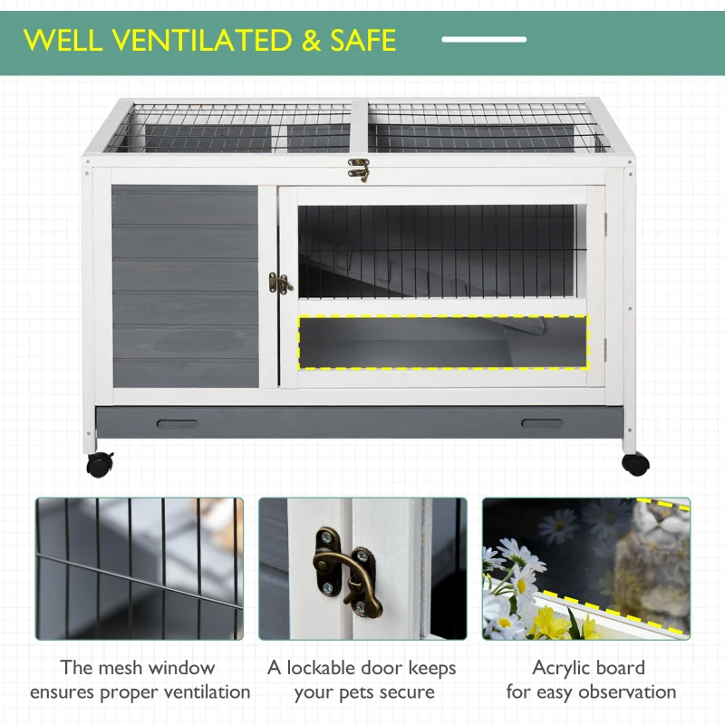 PawHut Indoor Rabbit Hutch Guinea Pig House Wooden Elevated Pet Bunny Cage with Wheels Openable Roof 102 x 60 x 63.5cm Grey