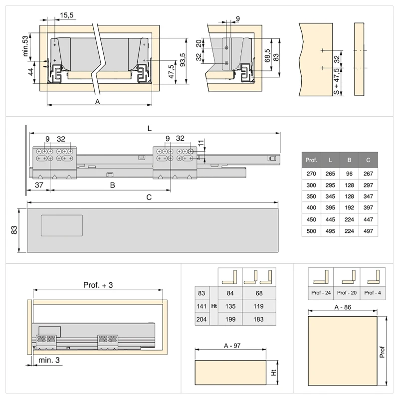 Emuca Kit cassetto per cucina Vantage-Q, altezza 83 mm, prof. 500 mm, chiusura soft, Acciaio, Grigio metallizzato