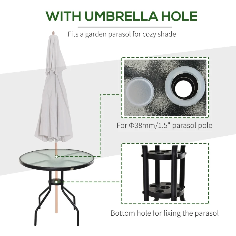 Outsunny Bistro Table Outdoor - Round Dining Coffee Table with Parasol Hole, Tempered Glass Top Side Table for Patio Garden, 80cm Dia.