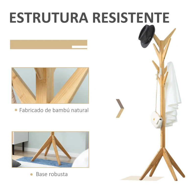 HOMCOM Cabide de Pé de Bambu com 8 Ganchos para Pendurar Roupas Bolsas Chapéus para Entrada Corredor Dormitório 60x60x178cm Natural