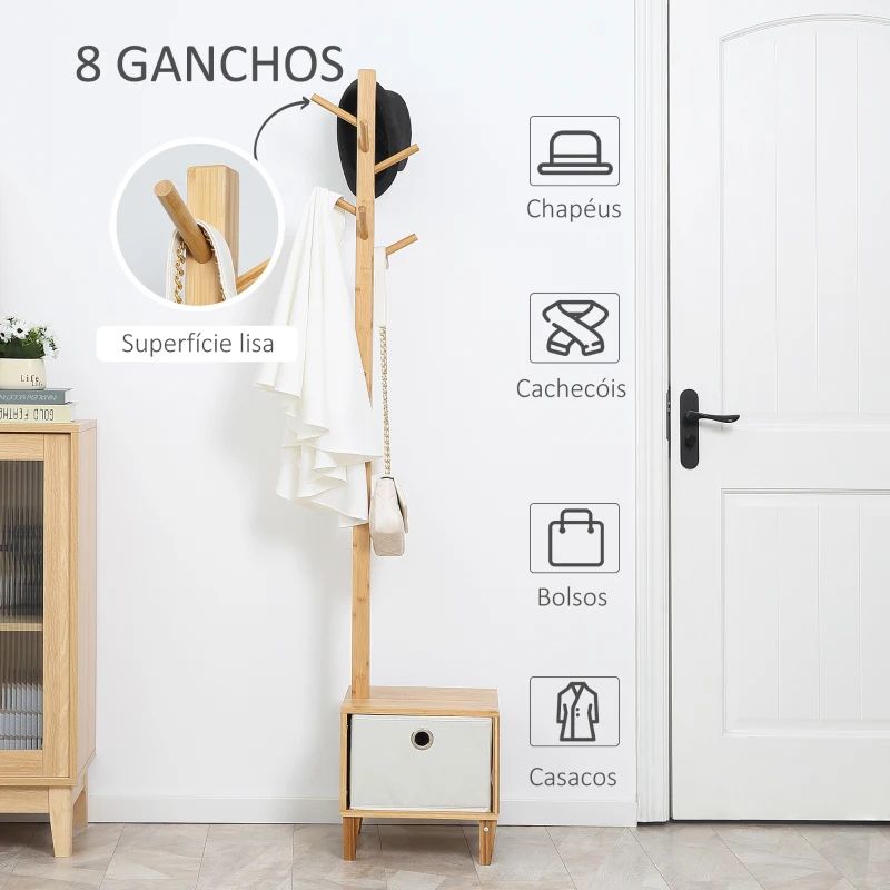HOMCOM Cabide de Pé de Bambu com Banco Gaveta de Tecido e 8 Ganchos para Pendurar Roupa Bolsas Casacos para Entrada Sala de Estar Corredor 35x35x177cm Natural