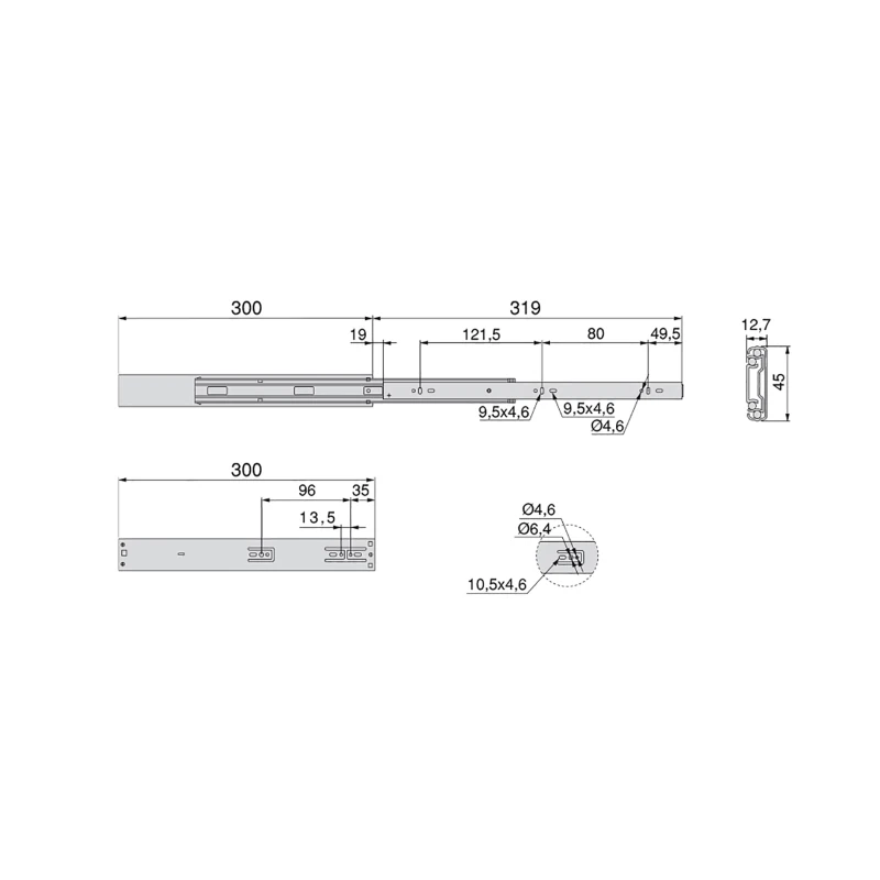 Emuca Kit Guide per cassetti, a sfera, 45 x 300 mm, estrazione totale, chiusura soft, Zincato