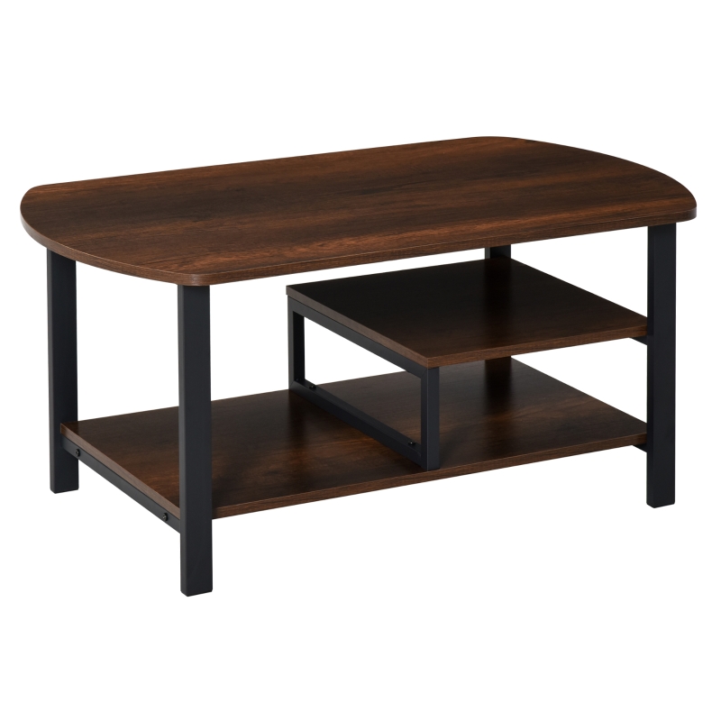 HOMCOM Industrial Coffee Table, Rectangular Sofa Table with Storage Shelves for Living Room, Bedroom, Office, Brown