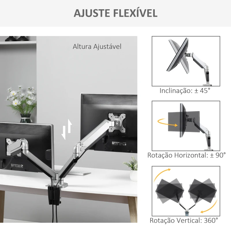 Vinsetto Suporte para Monitor Duplo para Telas LED LCD de 13"-32" Polegadas VESA 75/100mm com Braçadeira Ajustável Giratório 360° e 2 Opções de Montagem 93x11x47cm Prata