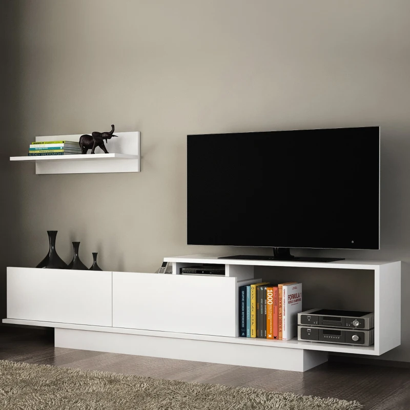 HOMCOM Set Mobile Porta TV con Armadietti e Mensola da Appendere in Legno, 180x29.6x45cm