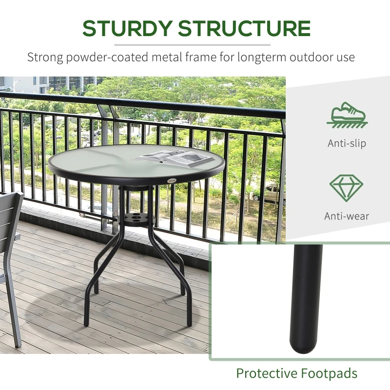 Outsunny Bistro Table Outdoor - Round Dining Coffee Table with Parasol Hole, Tempered Glass Top Side Table for Patio Garden, 80cm Dia.