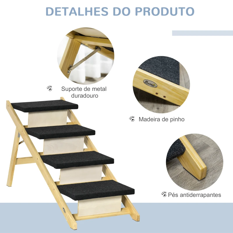 PawHut Escada de Madeira para Cães Dobrável 2 em 1 Rampa para Animais de Estimação Portátil com 4 Degraus para Acesso ao Sofá e Cama Alta 122x44x62cm Madeira Natural e Preto
