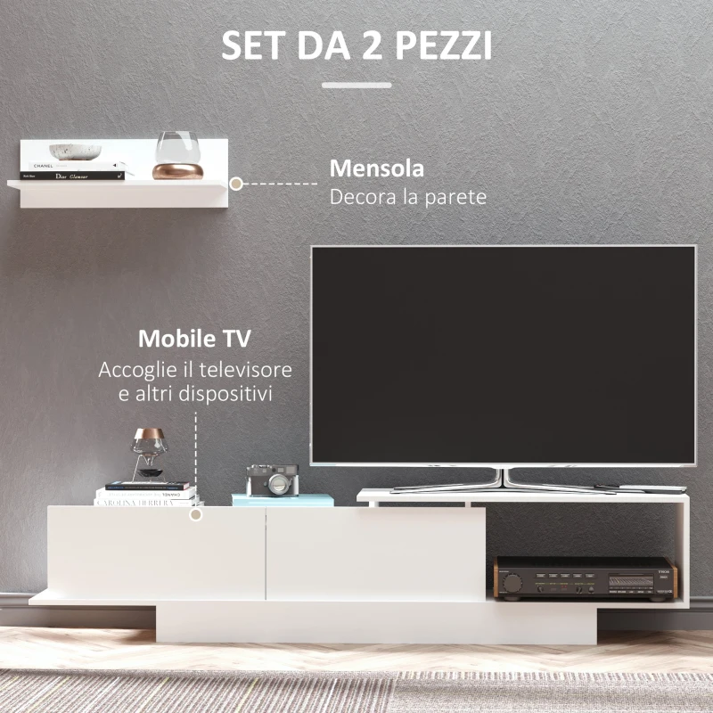 HOMCOM Set Mobile Porta TV con Armadietti e Mensola da Appendere in Legno, 180x29.6x45cm