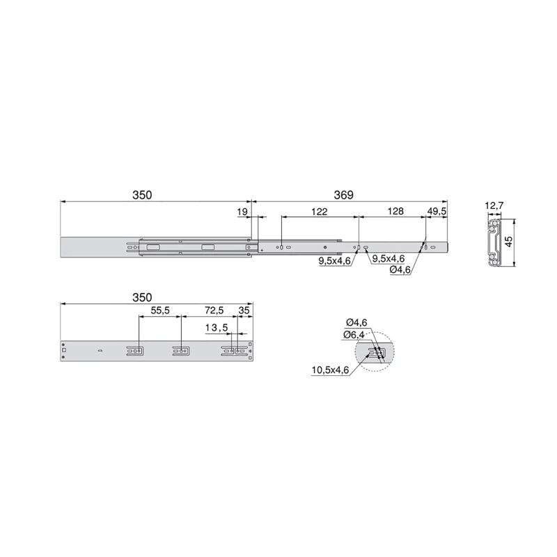 Emuca Kit Guide per cassetti, a sfera, 45 x 350 mm, estrazione totale, chiusura soft, Zincato, 5 u.
