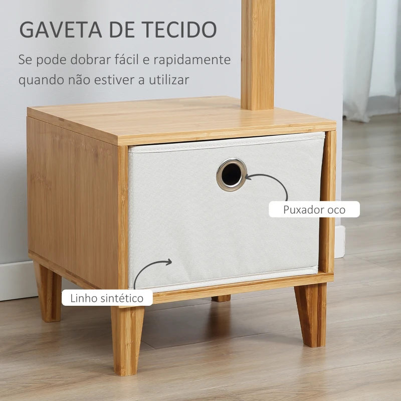 HOMCOM Cabide de Pé de Bambu com Banco Gaveta de Tecido e 8 Ganchos para Pendurar Roupa Bolsas Casacos para Entrada Sala de Estar Corredor 35x35x177cm Natural