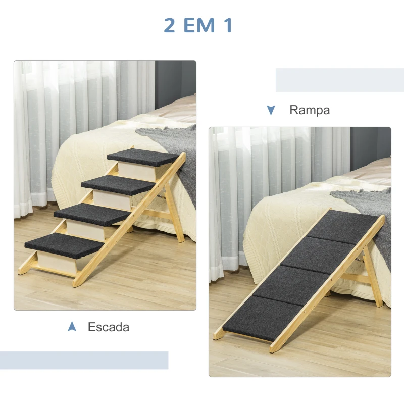PawHut Escada de Madeira para Cães Dobrável 2 em 1 Rampa para Animais de Estimação Portátil com 4 Degraus para Acesso ao Sofá e Cama Alta 122x44x62cm Madeira Natural e Preto