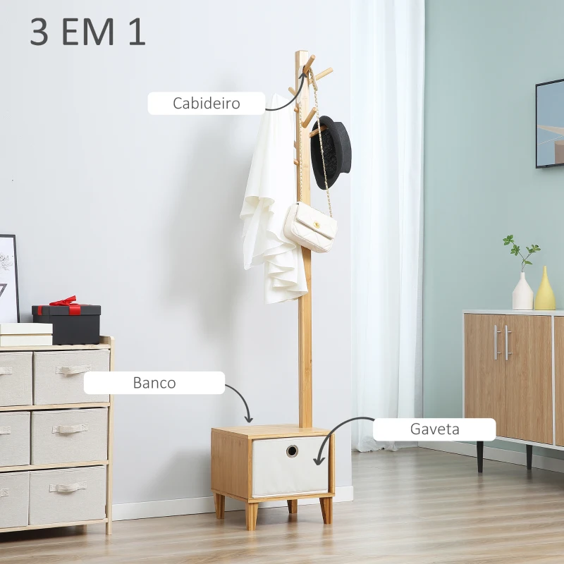 HOMCOM Cabide de Pé de Bambu com Banco Gaveta de Tecido e 8 Ganchos para Pendurar Roupa Bolsas Casacos para Entrada Sala de Estar Corredor 35x35x177cm Natural