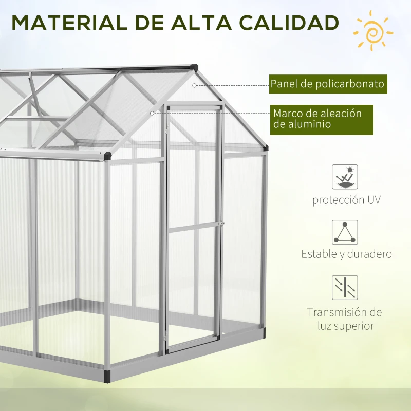 Outsunny Caseta Invernadero de Jardín de Policarbonato Transparente y Aluminio con Puerta y Ventana para Proteger Cultivos Flores 182x183x195cm