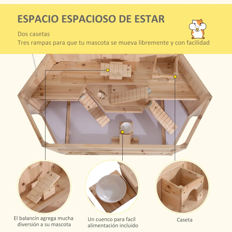 PawHut Jaula Madera para Hámster Ratoncillos Roedores Casa para Animales Pequeños 3 Niveles 115x60x55 cm