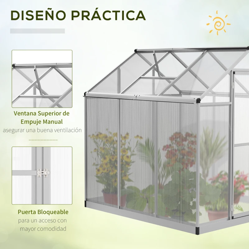 Outsunny Caseta Invernadero de Jardín de Policarbonato Transparente y Aluminio con Puerta y Ventana para Proteger Cultivos Flores 182x183x195cm