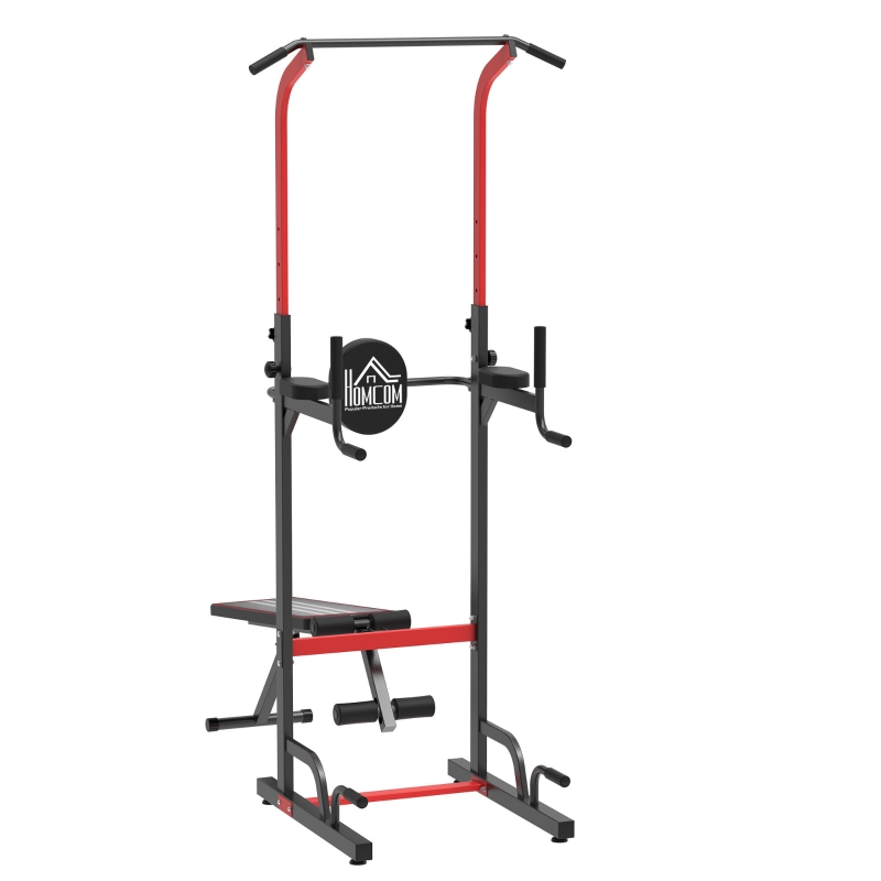 HOMCOM Multiestación Musculación Multifuncional Plegable con Banco Acolchado Altura Ajustable en 6 Niveles Acero 94x174x180-230 cm Negro y Rojo