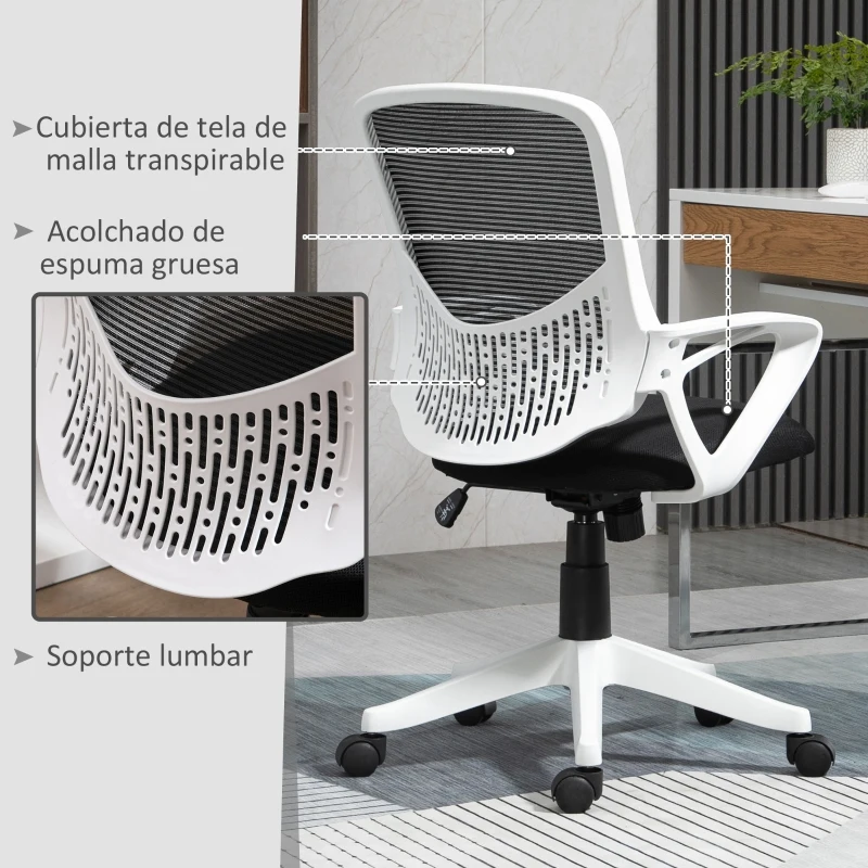 Vinsetto Silla de Oficina Giratoria 360° Silla Escritorio Ergonómica con Altura Ajustable Reposabrazos Soporte Lumbar y Respaldo de Malla Transpirable 65x65x93-103 cm Negro