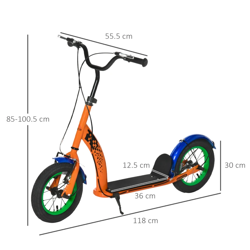 HOMCOM Kids Kick Scooter, Push Scooter, Adjustable Height, Front Rear Dual Brakes, 12-Inch Inflatable Rubber Wheels, for 5+ Years, Orange