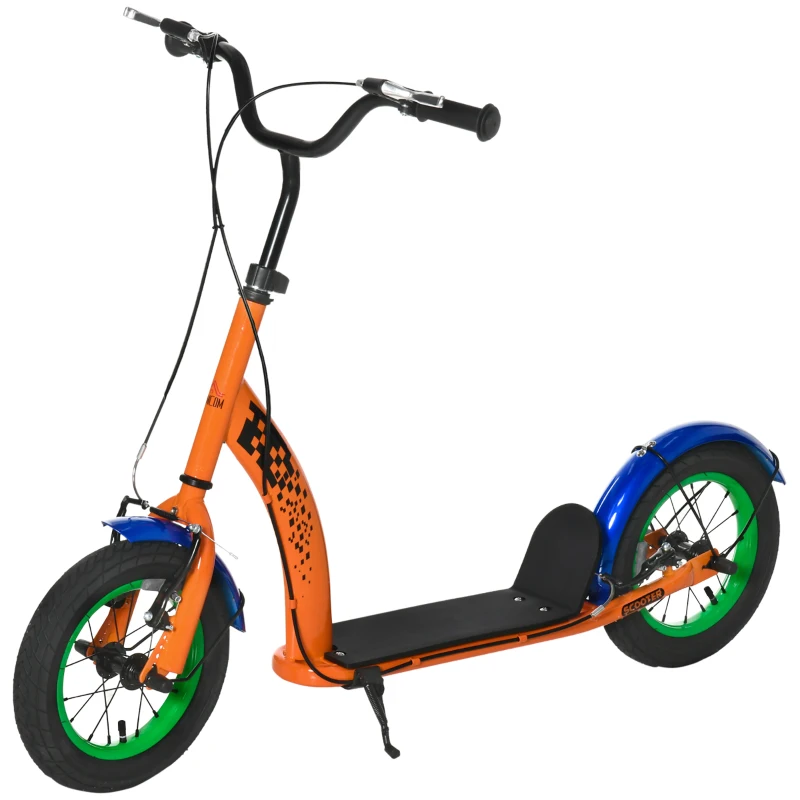 HOMCOM Kids Kick Scooter, Push Scooter, Adjustable Height, Front Rear Dual Brakes, 12-Inch Inflatable Rubber Wheels, for 5+ Years, Orange