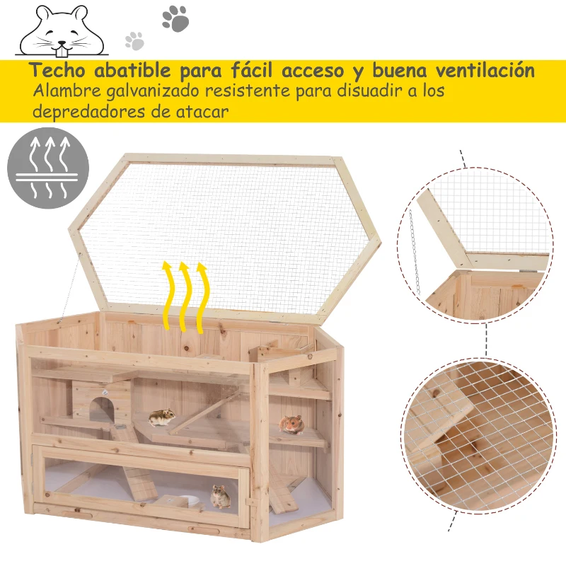 PawHut Jaula Madera para Hámster Ratoncillos Roedores Casa para Animales Pequeños 3 Niveles 115x60x55 cm