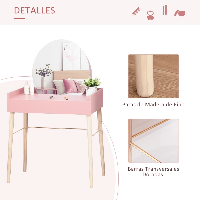 HOMCOM Tocador Mesa de Maquillaje con Espejo Redondo Cajón y Patas de Madera Maciza Estilo Infantil Moderno Nórdico para Dormitorio Vestidor 76x48x123,5 cm Rosa