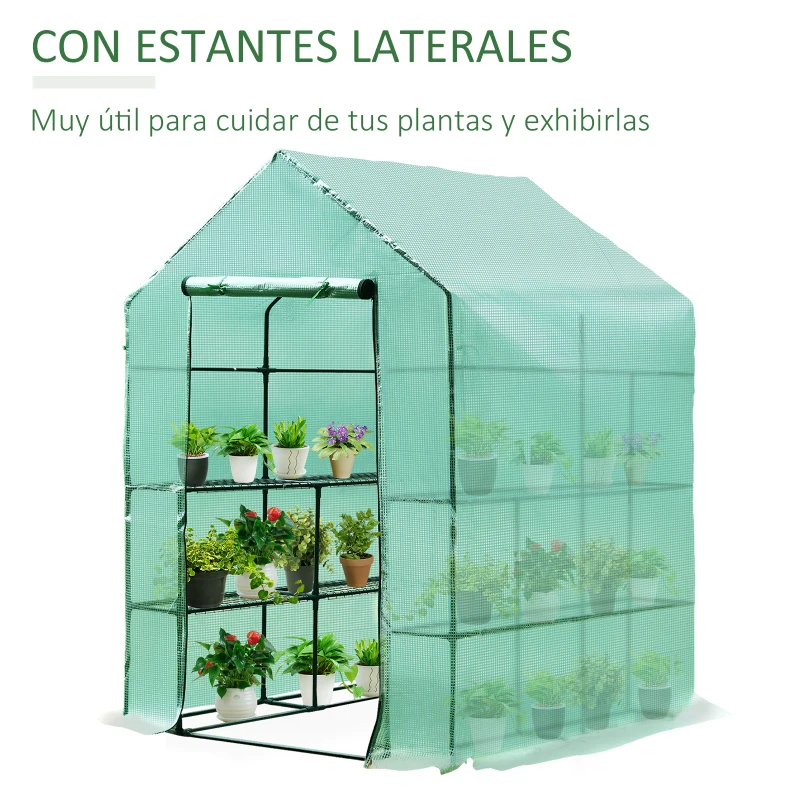 Outsunny Invernadero de Jardín Tipo Caseta Vivero Casero de Acero con 2 Niveles 4 Estantes y Puerta Enrollable para Cultivos Plantas Macetas Flores 143x143x195 cm Verde