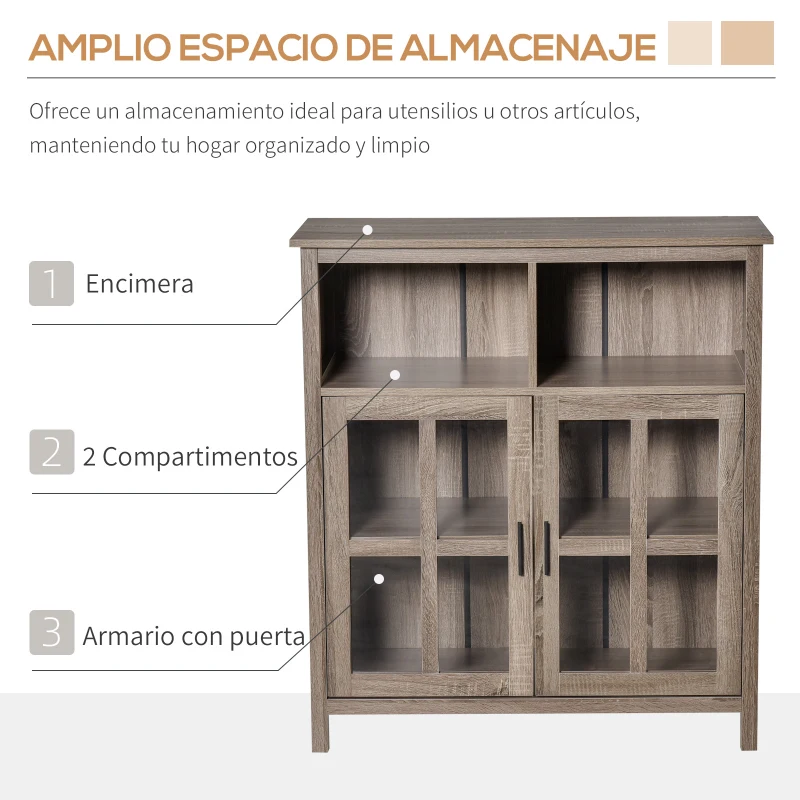 HOMCOM Aparador de Cocina Armario Buffet con 2 Puertas de Vidrio y 2 Compartimentos Abiertos Mueble Auxiliar de Almacenamiento para Comedor Salón 90x40x100 cm Roble