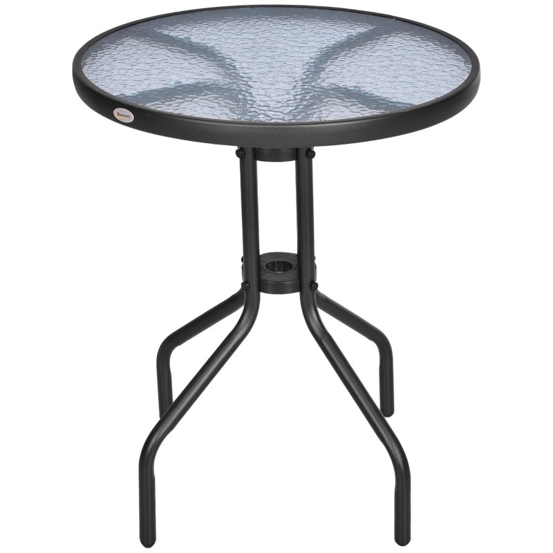 Outsunny Mesa de Jardín Redonda con Encimera de Vidrio Templado Decorativa y Marco de Metal para Patio Terraza Balcón Comedor Ø60x70 cm Negro