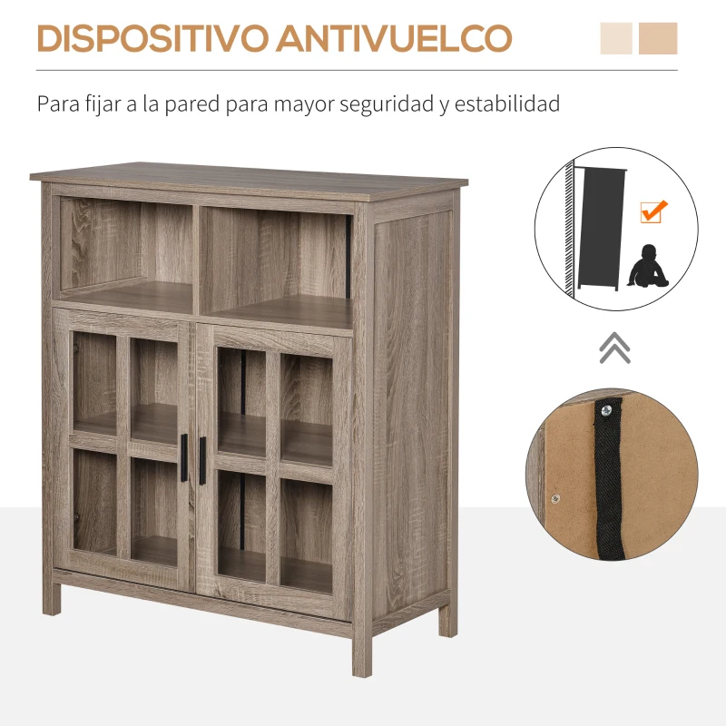 HOMCOM Aparador de Cocina Armario Buffet con 2 Puertas de Vidrio y 2 Compartimentos Abiertos Mueble Auxiliar de Almacenamiento para Comedor Salón 90x40x100 cm Roble