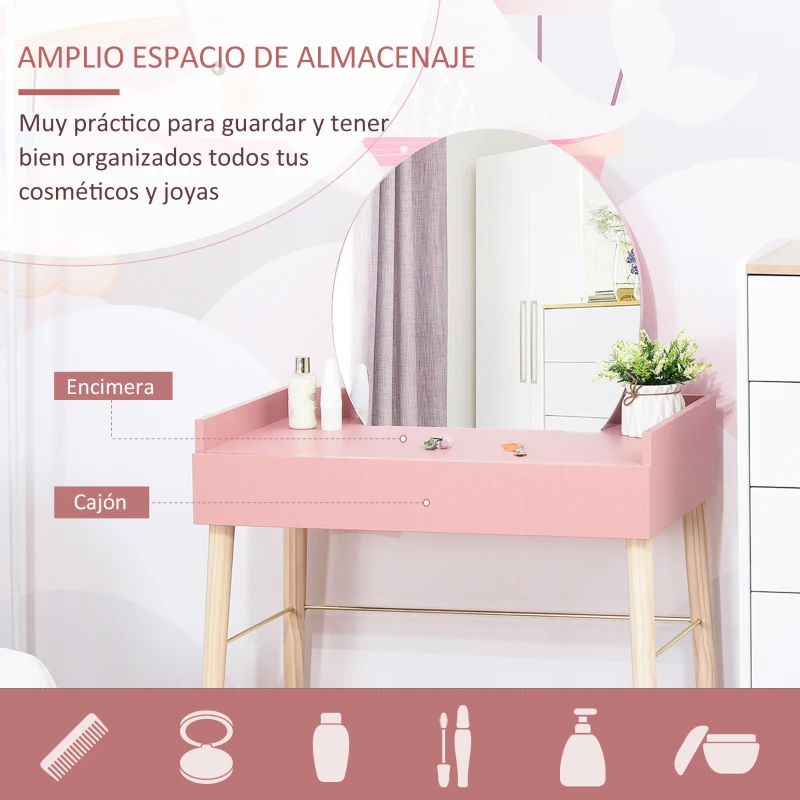 HOMCOM Tocador Mesa de Maquillaje con Espejo Redondo Cajón y Patas de Madera Maciza Estilo Infantil Moderno Nórdico para Dormitorio Vestidor 76x48x123,5 cm Rosa