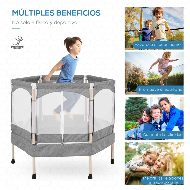 HOMCOM Cama Elástica para Niños de 3 Años Trampolín Infantil con Red de Seguridad para Interior Carga 80 kg 126x109x98 cm Gris