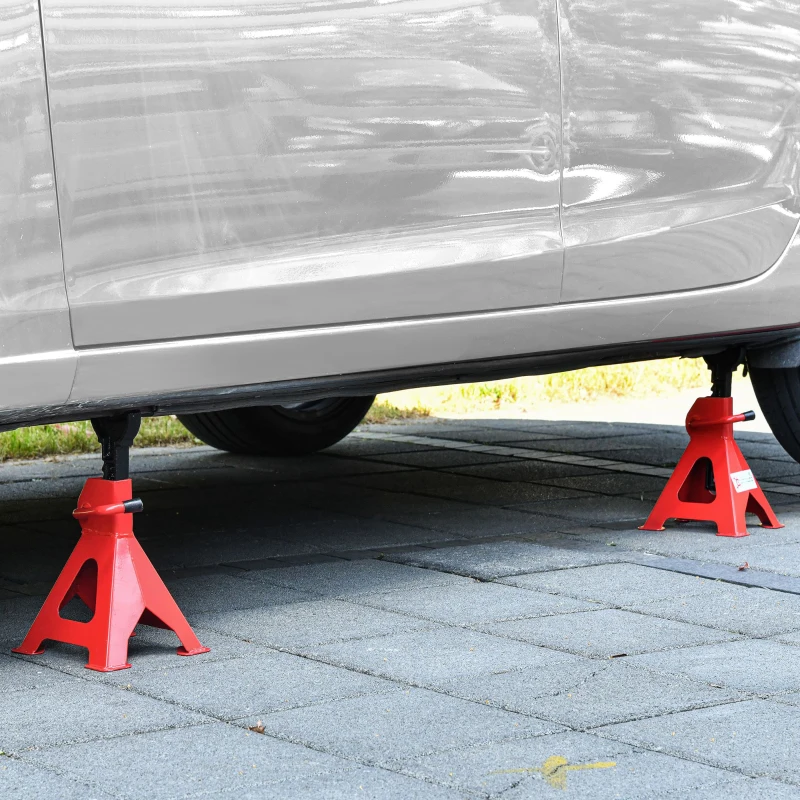 DURHAND Juego de 2 Gatos Estabilizadores de 3 Toneladas/Par Caballetes para Coches con Altura Ajustable para Apoyar Coches Automóviles Vehículos Metal 21x19x29-43 cm Rojo y Negro
