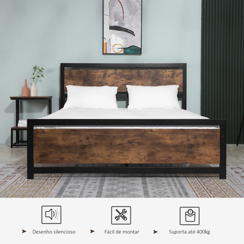 HOMCOM Estrutura de Cama Dupla de Metal 31cm para Colchão 150x200cm com Cabeceira de Madeira Estrutura de Cama com Espaço em Baixo de Armazenamento 160x208x103cm Preto e Marrom Rústico