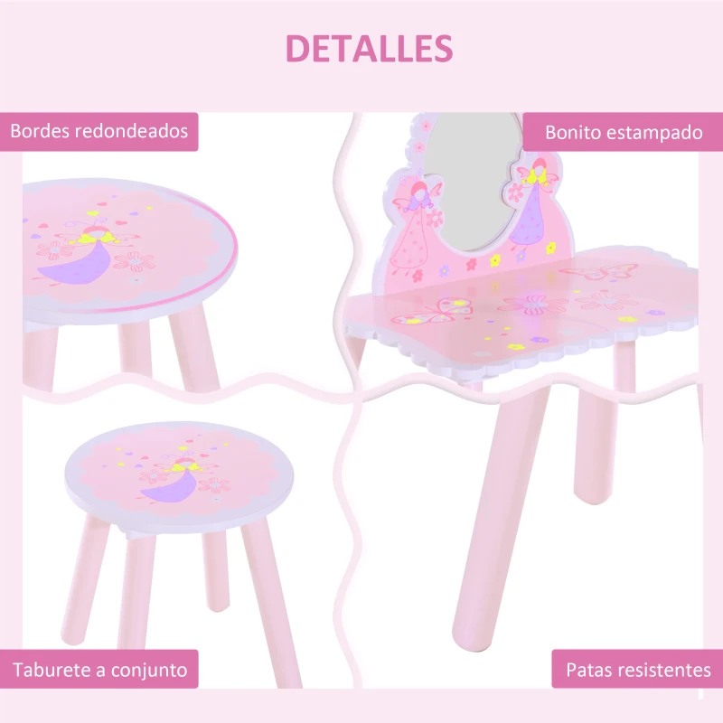 HomCom® Tocador Maquillaje para Niños con Espejo y Taburete Madera Rosa