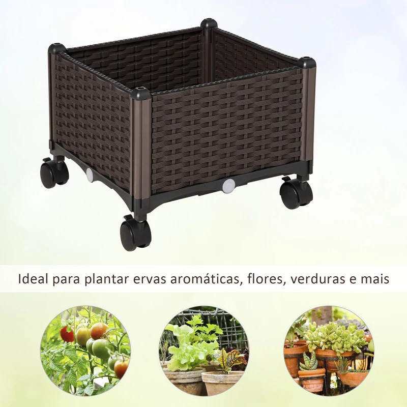 Outsunny Floreira de Plástico Quadrada com 4 Rodas Floreira de Jardim com Orifícios de Drenagem para Cultivo de Plantas em Exterior Pátio Terraço 40x40x31,5cm Marrom