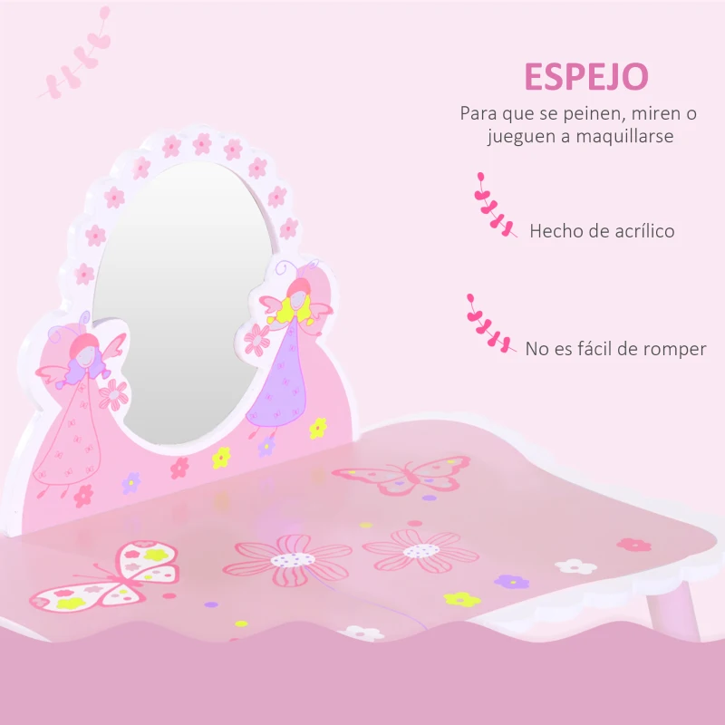 HomCom® Tocador Maquillaje para Niños con Espejo y Taburete Madera Rosa
