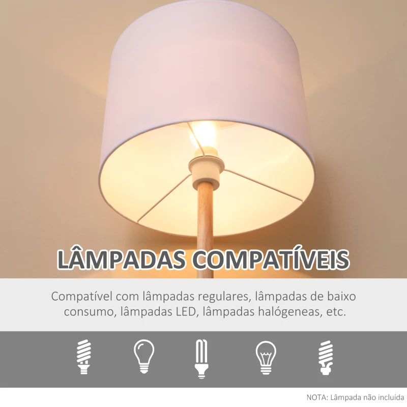 HOMCOM Candeeiro de Pé com Prateleira de Madeira Ecrã de Tecido Suporte para Lâmpada E27 Máx. 40W com Interruptor de Pé Moderno para Sala de Estar Dormitório Estúdio Ø35x155cm Branco
