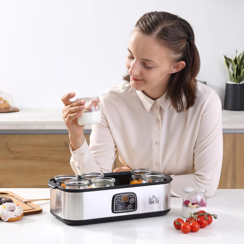 HOMCOM yoghurtmaker, digitaal display 8 yoghurtpotten met glazen deksel, 180 ml, instelbare temperatuur en tijd, 36 x 18,8 x 14 cm(m-2)