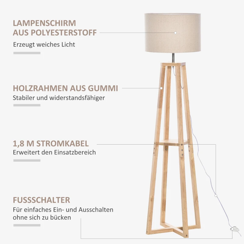 HOMCOM vloerlamp vloerlamp met plank pedaalschakelaar modern en beknopt voor woonkamer slaapkamer kantoor metaal linnen rubberhout crèmewit + natuurlijk hout 40 x 40 x 149 cm