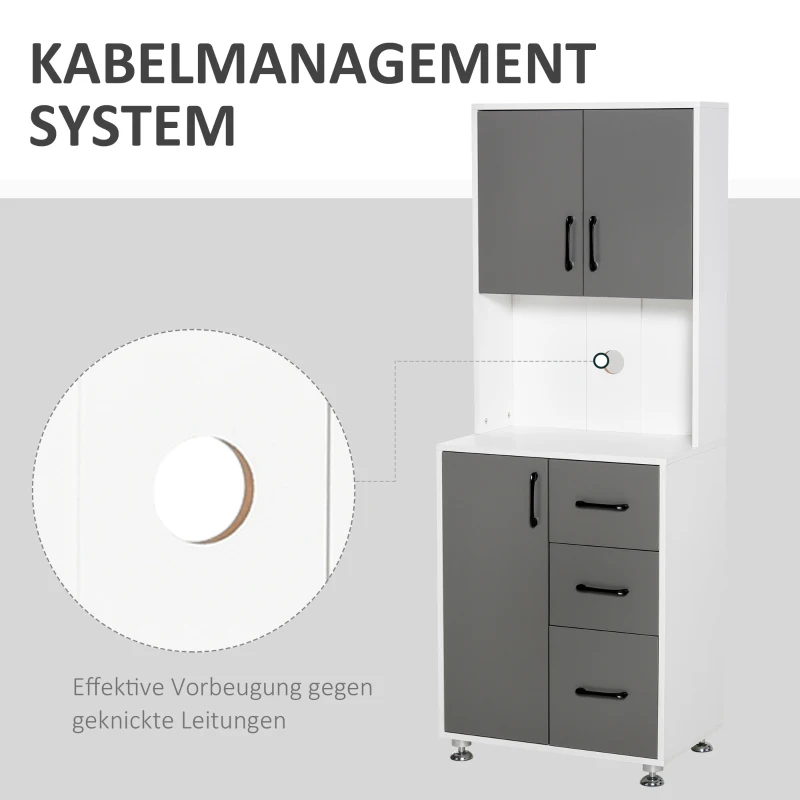 HOMCOM keukenkast met 2 deuren schap magnetron-schap hoge kast met onderkast en 3 lades commode spaanplaat staal grijs + wit 60 x 40 x 150 cm