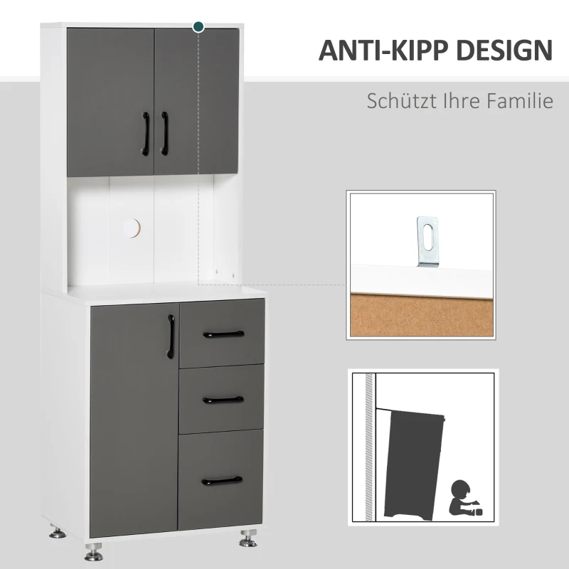 HOMCOM keukenkast met 2 deuren schap magnetron-schap hoge kast met onderkast en 3 lades commode spaanplaat staal grijs + wit 60 x 40 x 150 cm