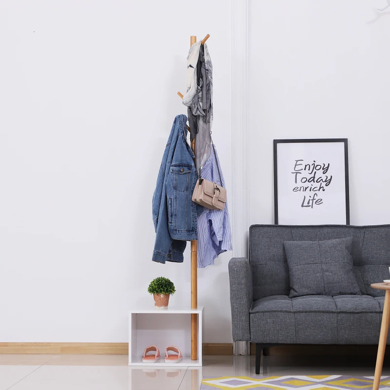 HOMCOM® garderobestandaard met zitbankje en opbergruimte | boomdesign | 6 haken | 40 x 30 x 180 cm | wit, naturel | Aosom.de