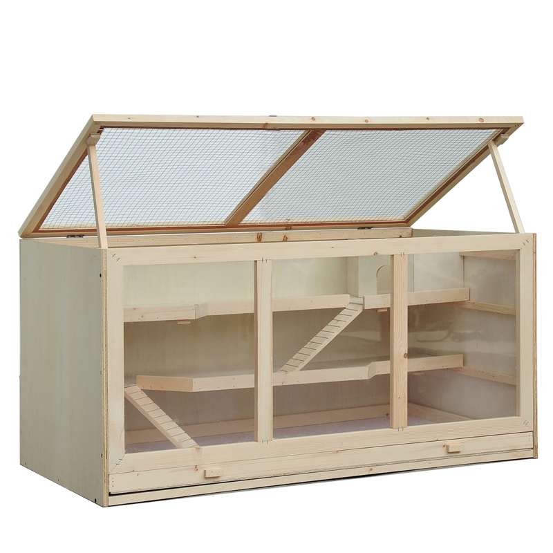 PawHut hamsterkooi, knaagdierenkooi, muizenkooi met trappetjes, drie verdiepingen massief hout PVC naturel